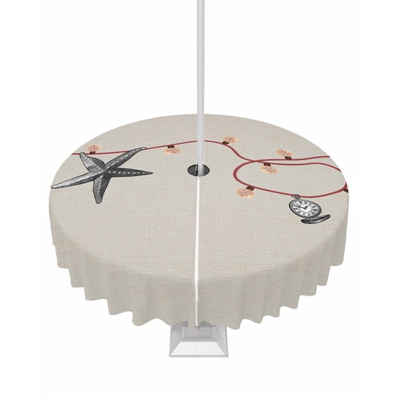 Fsddascl Coastal Starfish Christmas Outdoor Tablecloth - 60 Inch Round Dining Table Cover, Xmas Red Nautical Beach Rustic Waterproof Outdoor Table Cloth with Umbrella Hole & Zipper for Picnic/Patio