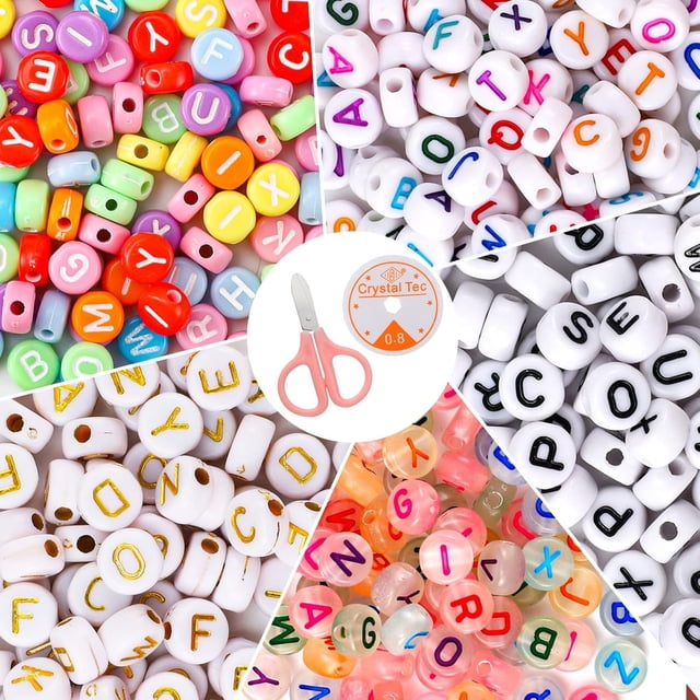 500 Cuentas de Letras QUANZHOUTIANDI para Pulsera 6,4 mm 5 Estilos Coloridas Oro Blanco y Negro con Hilo elástico y Tijeras