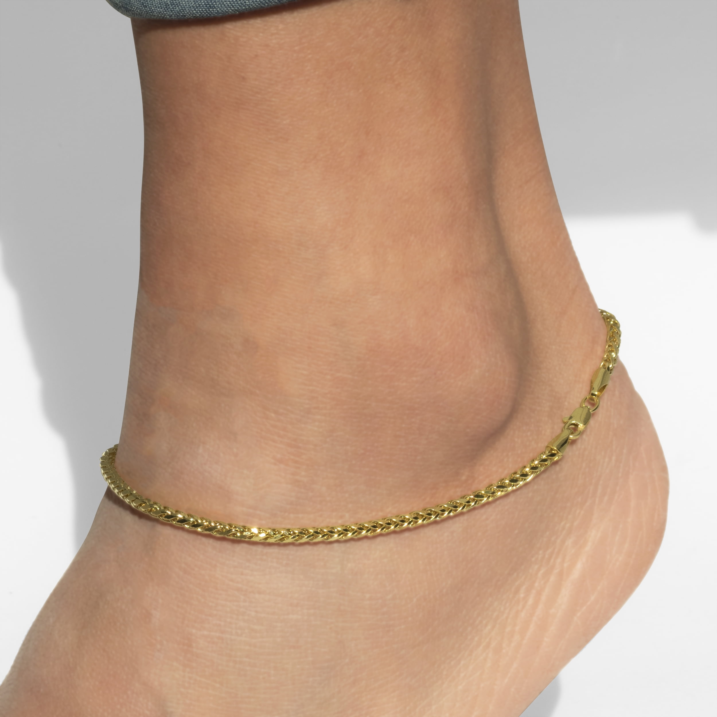 LoveBling 10k Yellow Gold 2.5mm Palm Wheat Chain Women's Anklet with Lobster Lock (10")