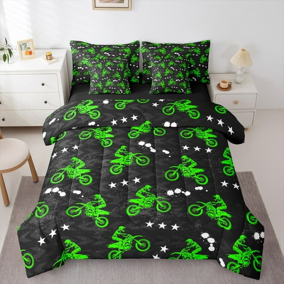Feelyou Modern Motorcycle Print Twin Bedding Sets 7-Piece for Kid, Est Sleep Sports Bedding Comforter Set, Cartoon Stars Print Reversible Sheet Sets, Luxury Bedroom Decor