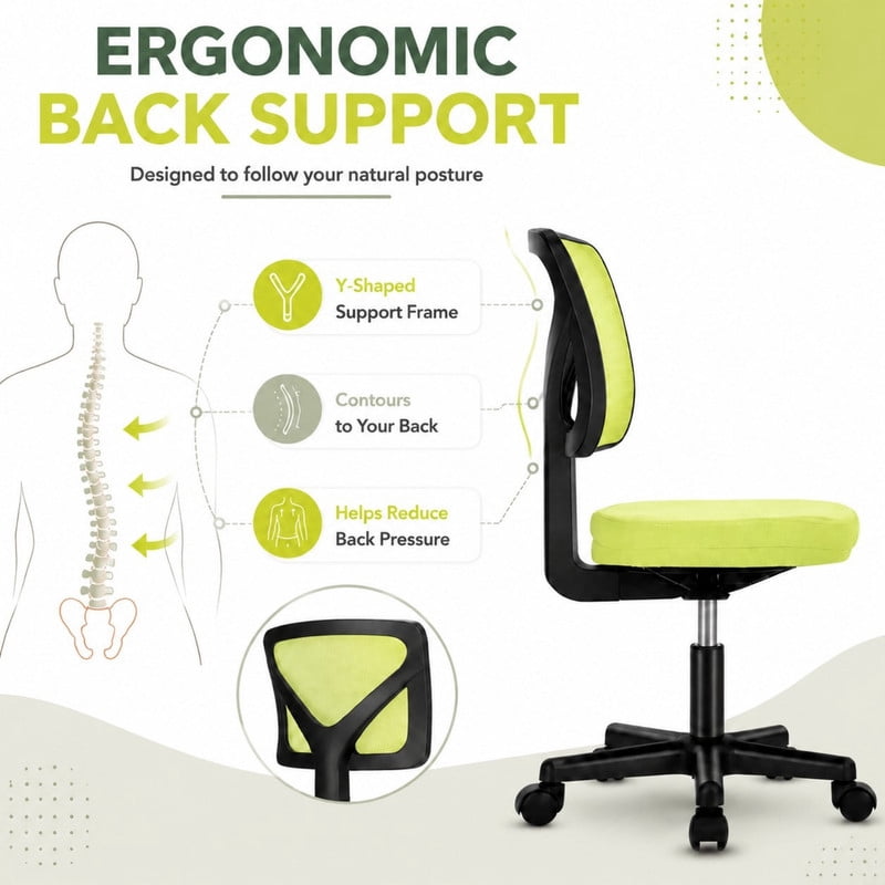 BEAUTYPEAK Desk Chair with Y-Shaped Lumbar Support Adjustable Armless Mesh Office Chair with Wheels for Home Office, Lime Green