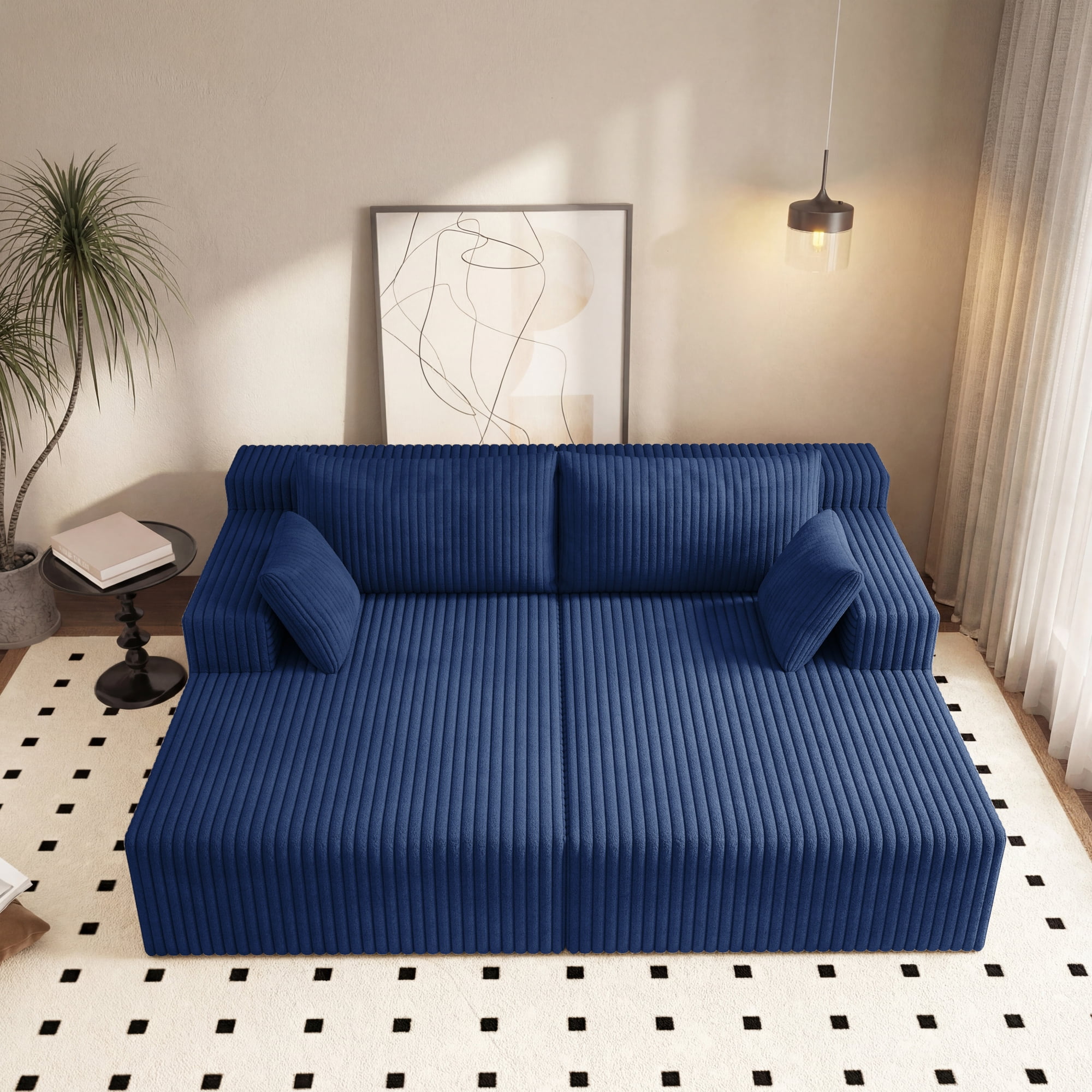 HOQBN 71" Oversized Double Chaise Lounges Indoor,Upholstered Corduroy Boneless Couch with 4 Pillows,Reading Lazy Cloud Plush Sofa Bed for Living Room, Bedroom,No Assembly,Aged Blue