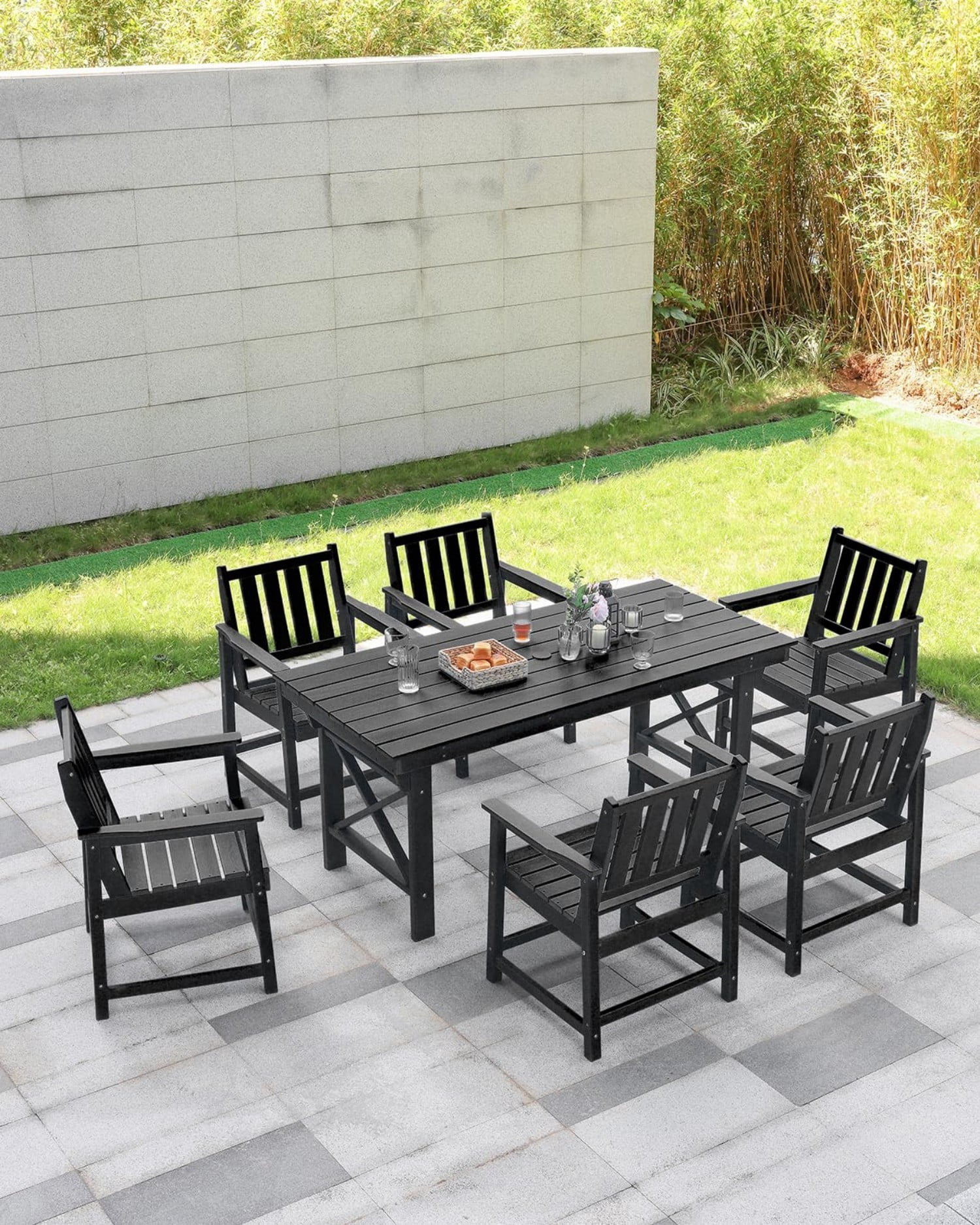 HDPE Outdoor Dining Table for 6, 66.9" Rectangular Patio Dining Table with 2.2" Umbrella Hole, All-Weather Outdoor Table for Backyard, Deck, Garden, Poolside, Obsidian