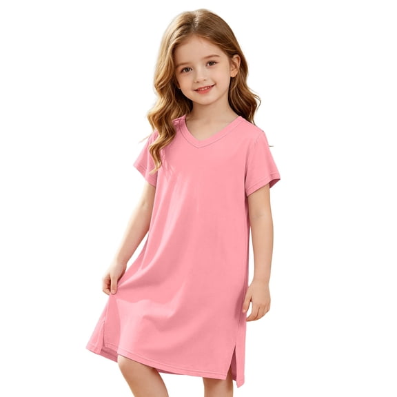 HAYIMI Girls V Neck Dresses, Short Sleeve Side Split Loose Solid Color Casual Kids Dress for Summer Bedroom Wear Vacation Sundress