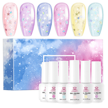 Makartt 6 Bottles Jelly UV Gel Nail Polish Kit, Clear Glitter Pink Blue Gel Nail Polish Kit with Irridescent Crystal Transparent Soak Off Gel Manicuring Kit