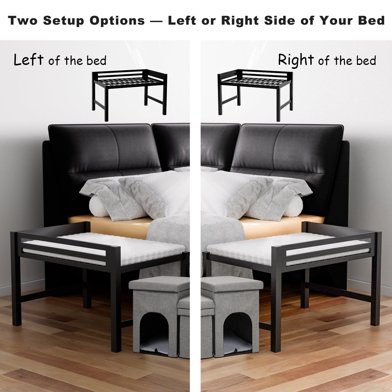 Bedside Dog Bed with Stairs and Mattress, Elevated Wooden Pet Bed Frame with 3-Step Foldable Storage Staircase & Plush Mattress, for Medium Dogs and Large Dogs, Large Size