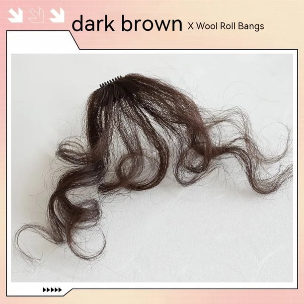 Extensiones de cabello humano con flequillo con Clip, medio con flecos y una bonita red, patillas naturales, planas y ordenadas para mujer, postizo de una pieza(Marrón - negro)(1 pieza)
