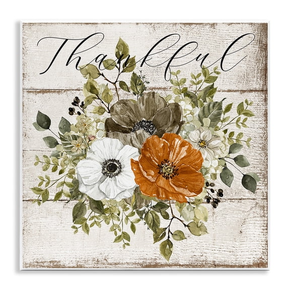 Stupell Industries Thankful Floral Pumpkin Holiday Painting Unframed Art Prints Wall Art, 12 x 12