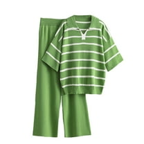 LYXSSBYX 2 Piece Outfit for Women Fall Women's Casual Long Sleeve Round Neck Sweater Sets Knitted Stripe Tops Long Pants Suits