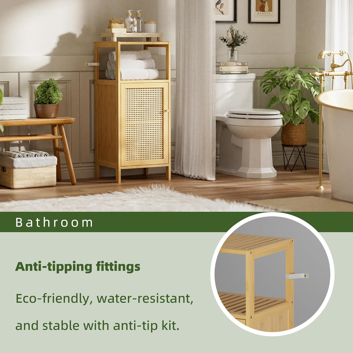 Bamboo Floor Cabinet, Bathroom Storage Organizer Rack with Single Rattan Door and 1 Shelf, Small Wooden Side Cupboard Stand for Entryway, Laundry, Kitchen, Living Room (Natural)