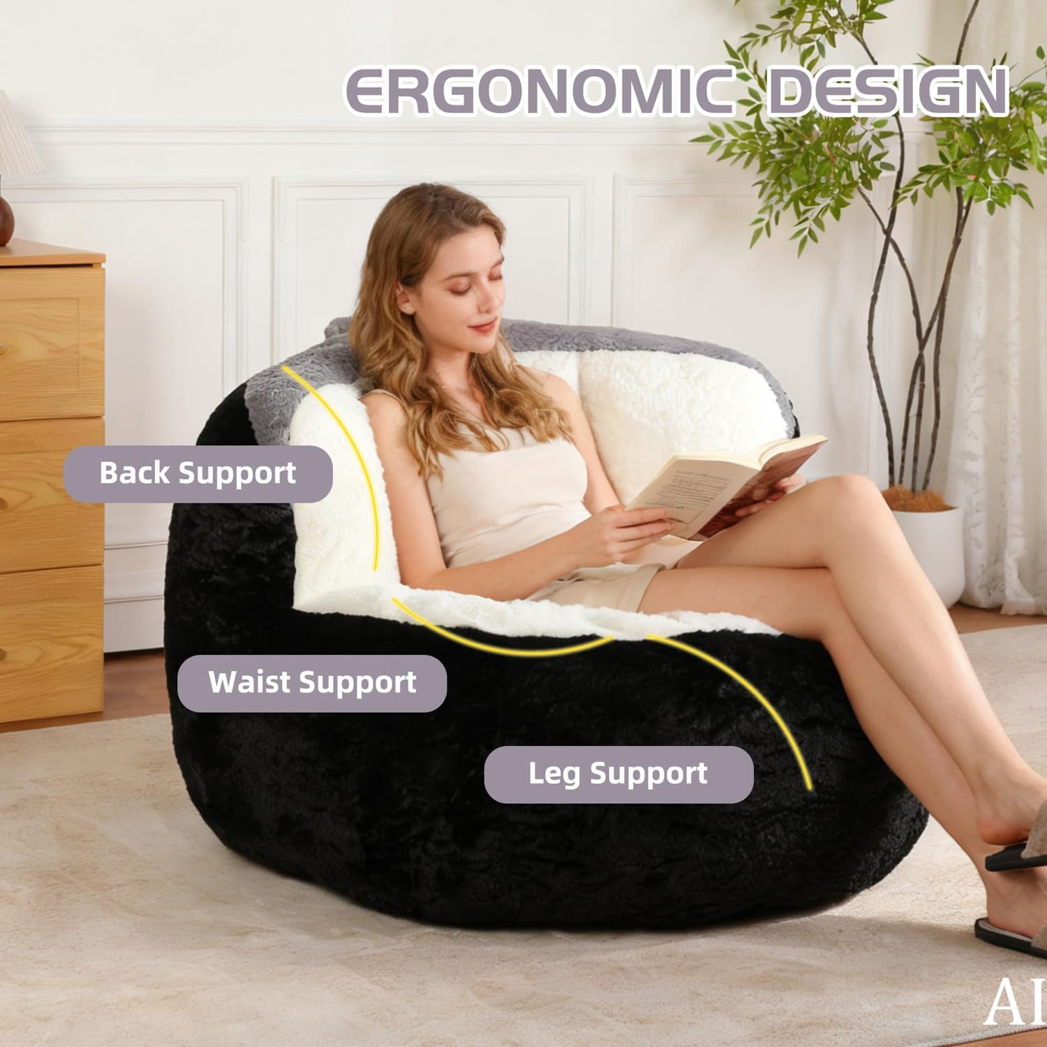 Large Plush Bean Bag Chair, High‑Density Memory Foam Bean Bag Sofa with Non‑Slip Bottom for Adults Kids Teens