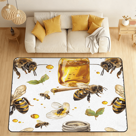 CURLYOOT Yellow Bee Area Rugs for Living Room Bedroom 4 10 x 6 8 Washable Rug Sweet Honey Floor Carpet with Non Slip Backing for Dining Room Indoor