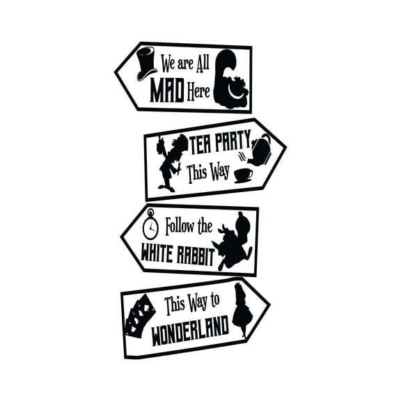 We Are All Mad Here Tea Party This Way Direction Board Fun Decal Wall Art Sticker Designs Vinyl Stickers For Home House Walls Rooms Windows Bedroom Decoration Size (12x12 inch)