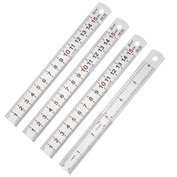 Uxcell 15cm/6" Metal Straight Ruler, 4Pcs Stainless Steel Ruler Etching Process Inch Millimeter Graduations for Measuring Engineer Construction