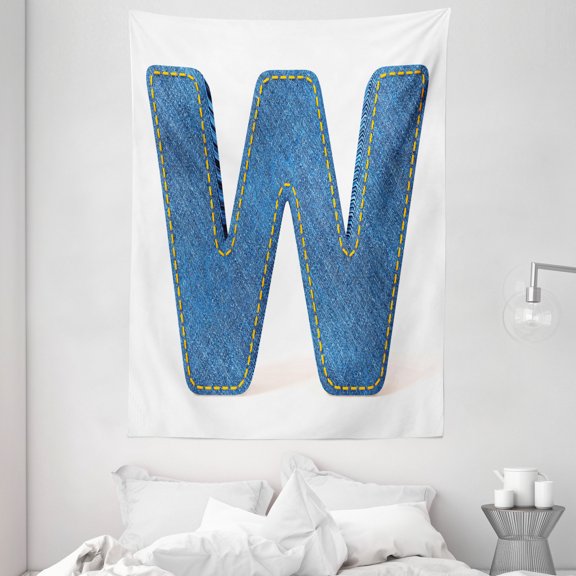 Letter W Tapestry, Symmetrical Latin Letter Capital W with Blue Jean Pattern Typography Design Print, Wall Hanging for Bedroom Living Room Dorm Decor, 60W X 80L Inches, Blue Yellow, by Ambesonne