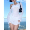 thumbnail image 3 of Women's White Drawstring Side Flare Sleeve Asymmetrical Neck Elegant Dress, 3 of 4