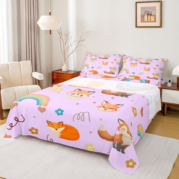 Feelyou Kawaii Fox Purple Twin Sheet Sets for Kids, Dreamy Cartoon Animal Twin Fitted Sheet, Rainbow Flower Floral Flat Sheet, Super Cozy Room Decor, 3pcs