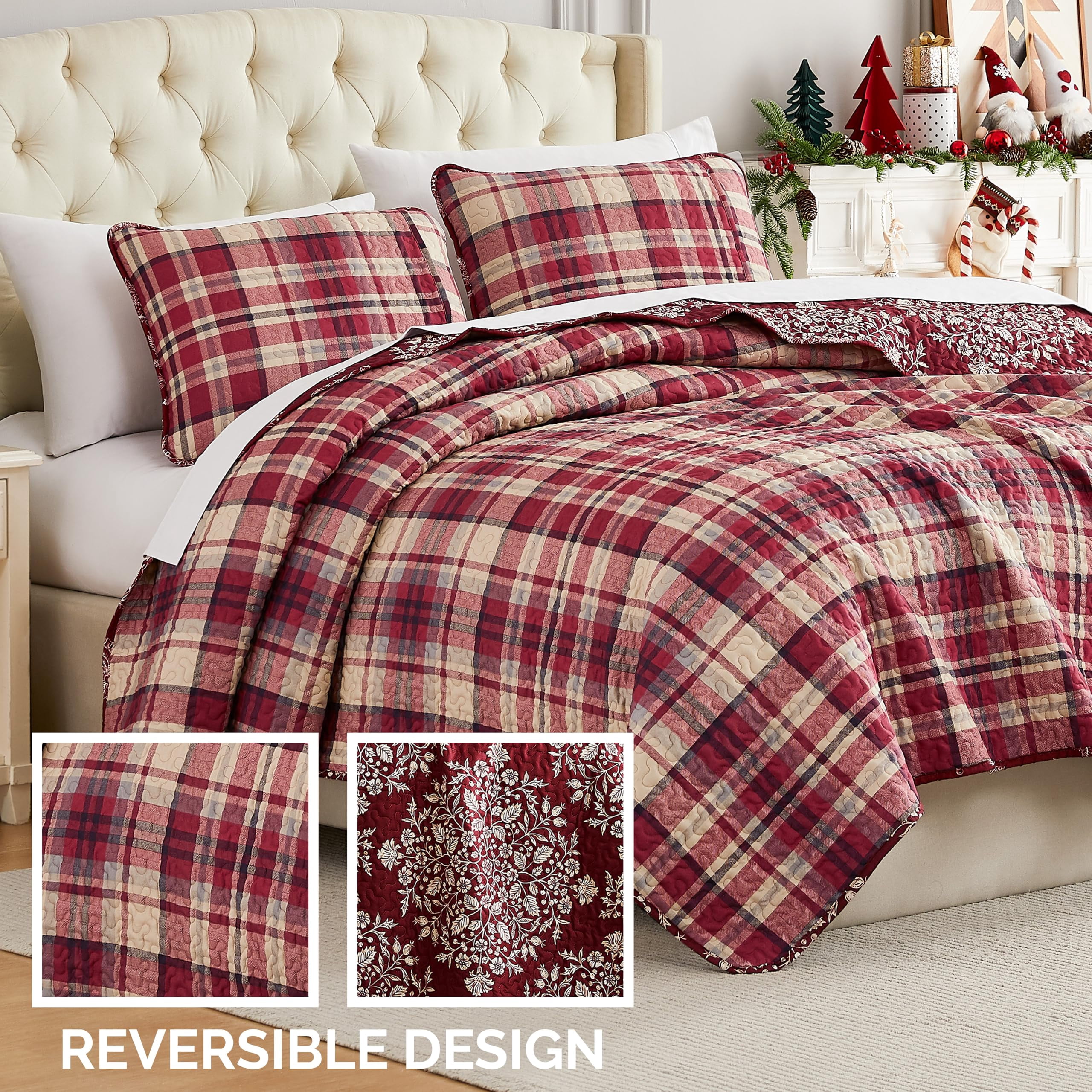 Southshore Fine Living, Inc. Christmas Quilt Twin/Twin XL with Sham, Christmas Carol Red Plaid