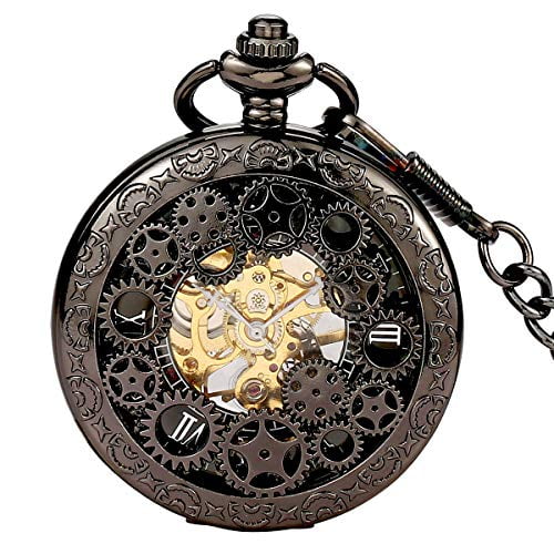 BOSHIYA Mens Vintage Skeleton Pocket Watch Steampunk Windup