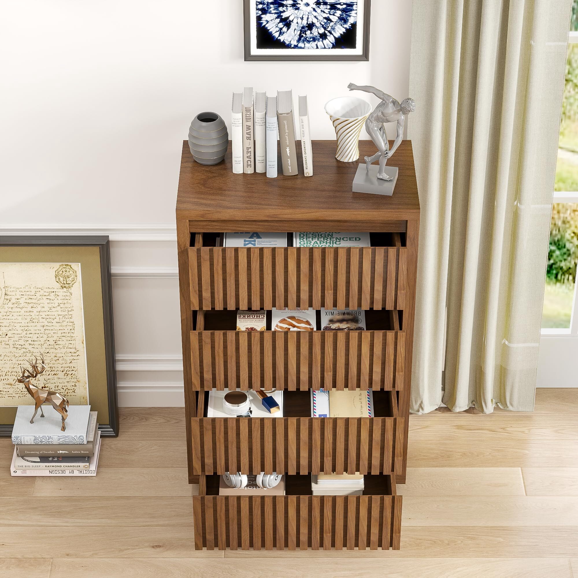 Fluted 4 Drawer Dresser, Mid Century Wood Chest for Bedroom, Modern Closet Clothes Storage Organizer, Walnut Brown Wooden Cabinet
