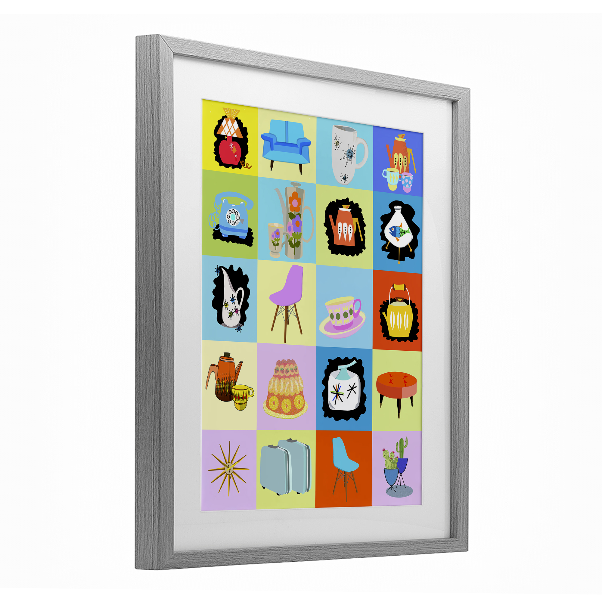 Retro Vintage Vignettes Gray Framed Print Under Glass, design by Lynnda Rakos
