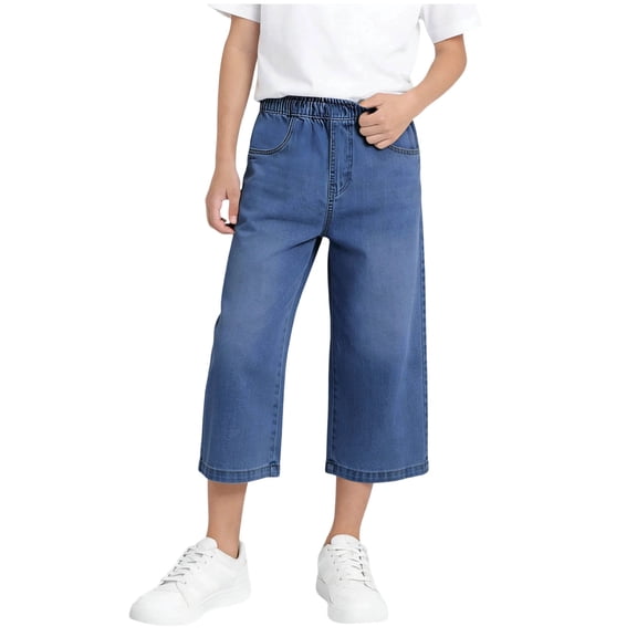 Girls Wide Leg Cropped Jeans Kids Casual Summer Elastic High Waist Capri Denim Pants Jean Pants with Pockets Wide Leg Jeans with Elastic Waist