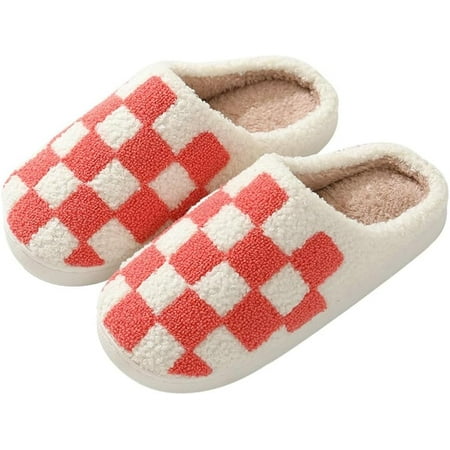 

Checkered Cotton Slippers for Women Men Funny Fluffy Slippers Couples Winter Indoor Comfy Warm Plush Bedroom Slippers