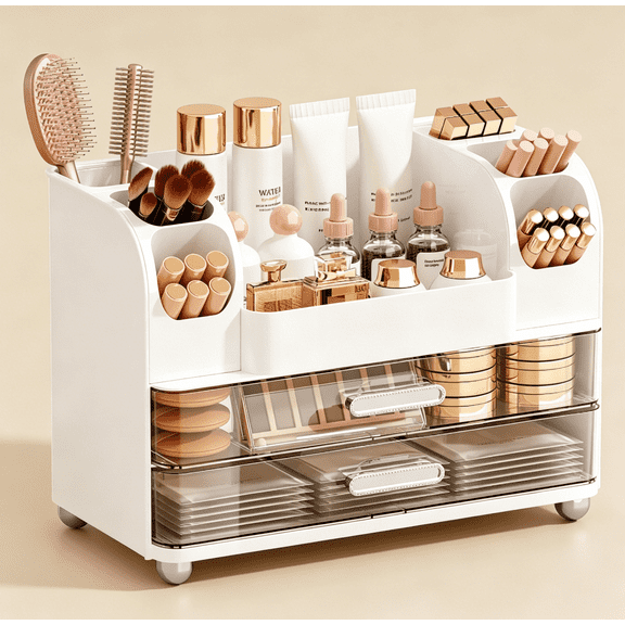 2 Tier Makeup Organizer with 2 Large Drawers and Brush Holder, Desktop Cosmetic Storage Box for Vanity Bathroom Bedroom(White)