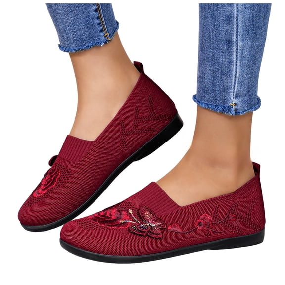 Women's Orthopedic Loafers Shoes Lightweight Knit Butterfly Embroidered Slip on Comfortable Walking Shoes with Arch Support Red Size 9