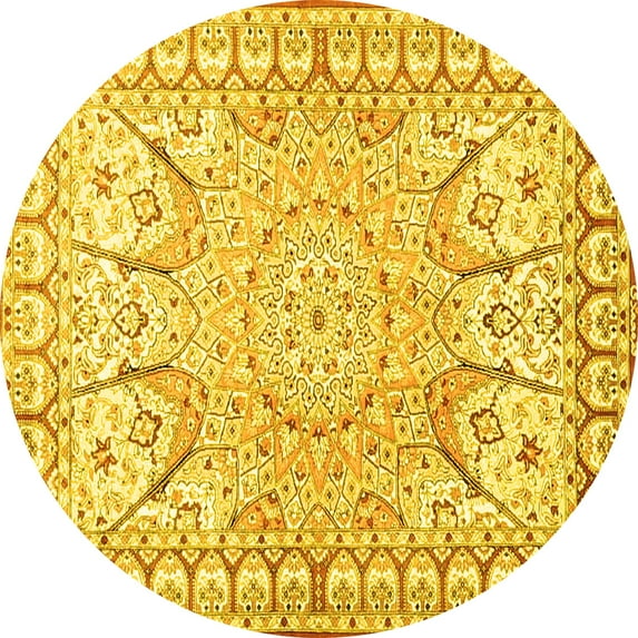 Ahgly Company Machine Washable Indoor Round Medallion Yellow Traditional Area Rugs, 3' Round