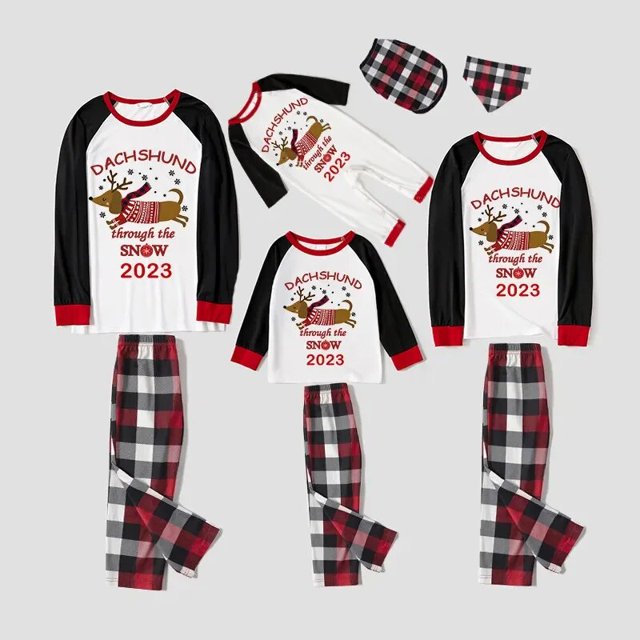 Pijamas familiares a juego de Navidad, conjunto de pijamas de Dachshund a través de la nieve, Tops de reno, pantalones, 2023