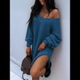 thumbnail image 4 of Suéteres para Mujer, Punto , Cuello en V, Color Liso, Larga, Informales, Holgados, Suaves, Tipo Jersey. Azul XXL, 4 of 6