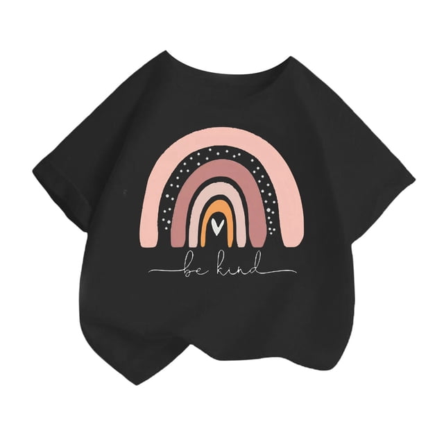 Chemises Filles Enfants Mode Imprimé Col Rond Manches Courtes Tee Été Mignon Décontracté Hauts Filles Noir 2 Ans-4 Ans