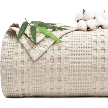 PHF Cooling Waffle Blanket Queen Size, Lightweight 60% Rayon Derived from Bamboo for Hot Sleepers, Soft and Breathable for Bed Couch and Sofa, 90"x90", Linen