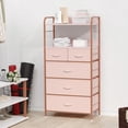 thumbnail image 4 of Coromose 5 Drawer Fabric Dresser for Bedroom, Chest of Drawers with Wood Top, Metal Frame & Open Shelf, Pink, 4 of 7