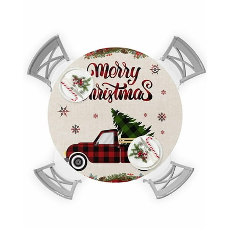 

Round Tablecloth with Elastic Merry Christmas Buffalo Check Plaid Truck Tree Xmas Snowflake Waterproof Table Cover Wipeable Fitted Table Cloths for 55 -60 Round Tables Dining Kitchen