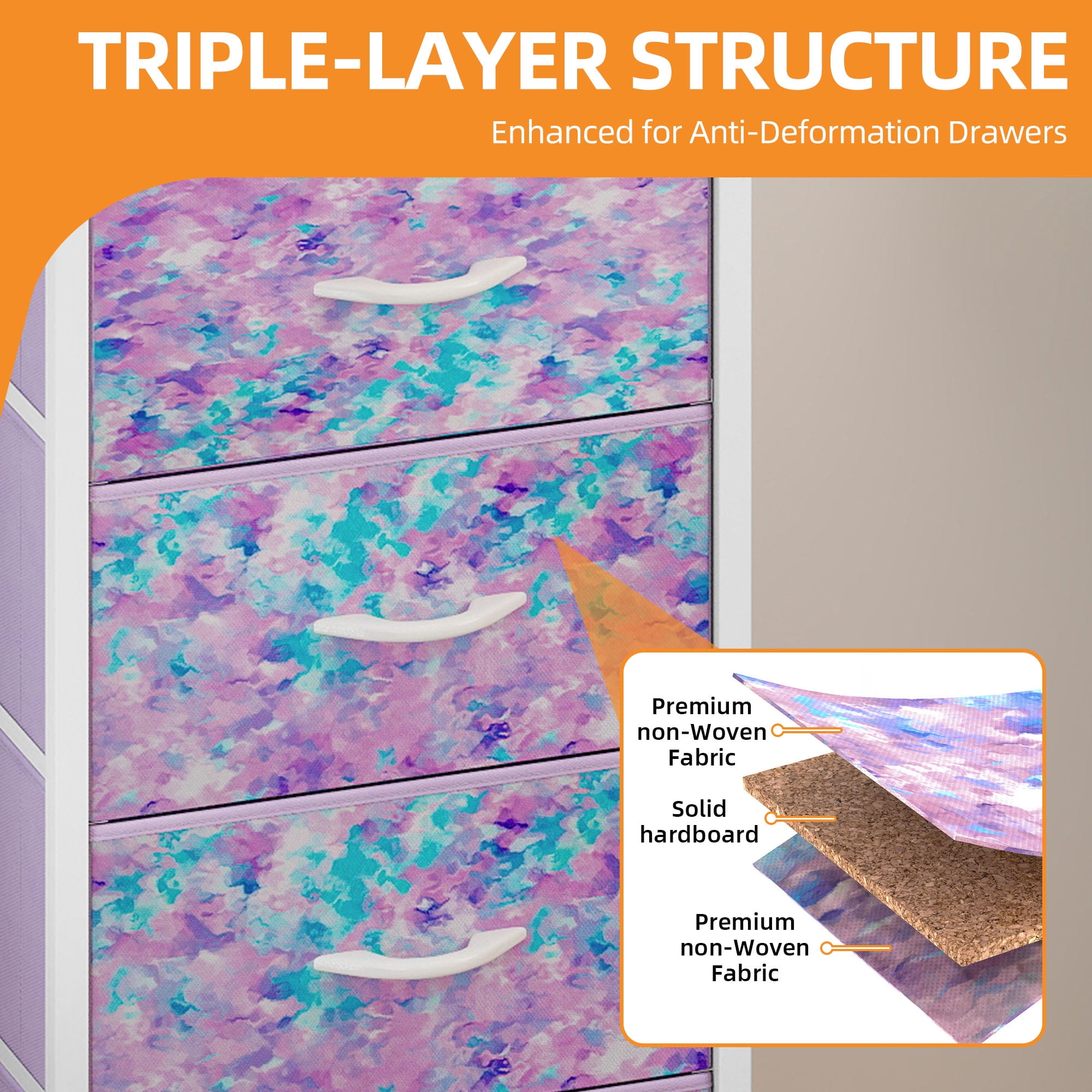 Uforic 4 Drawer Dresser Fabric Chest of Drawers Furniture Storage Organizer for Living Room,,Hallway, Tie-dye Purple