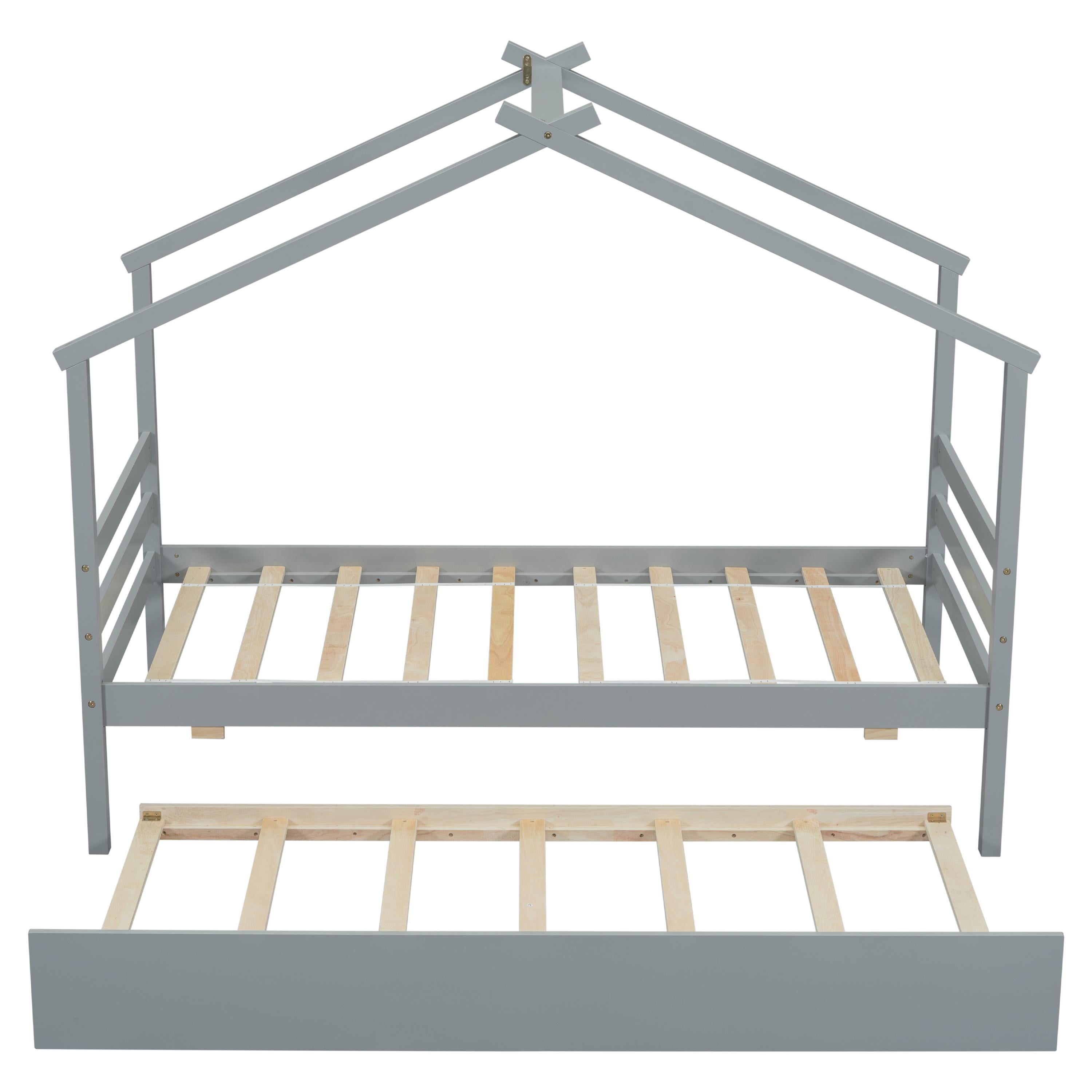 Bellemave House Bed with Trundle, Solid Wood Twin Size Playhouse Platform Bed with Roof, House Shaped Daybed for Teens (Gray)