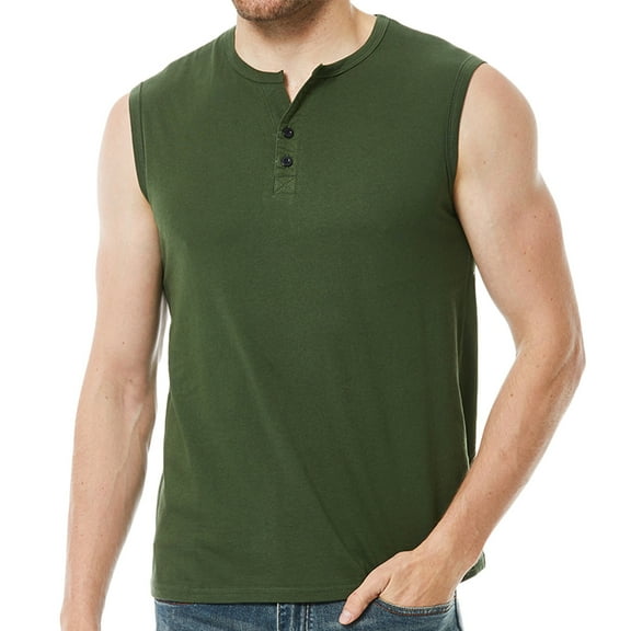 IYTR Summer Vest for Men Sports Button Crewneck Solid Color Summer Sleeveless Tank Tops Vest Button Tees Shirts Army Green XXL