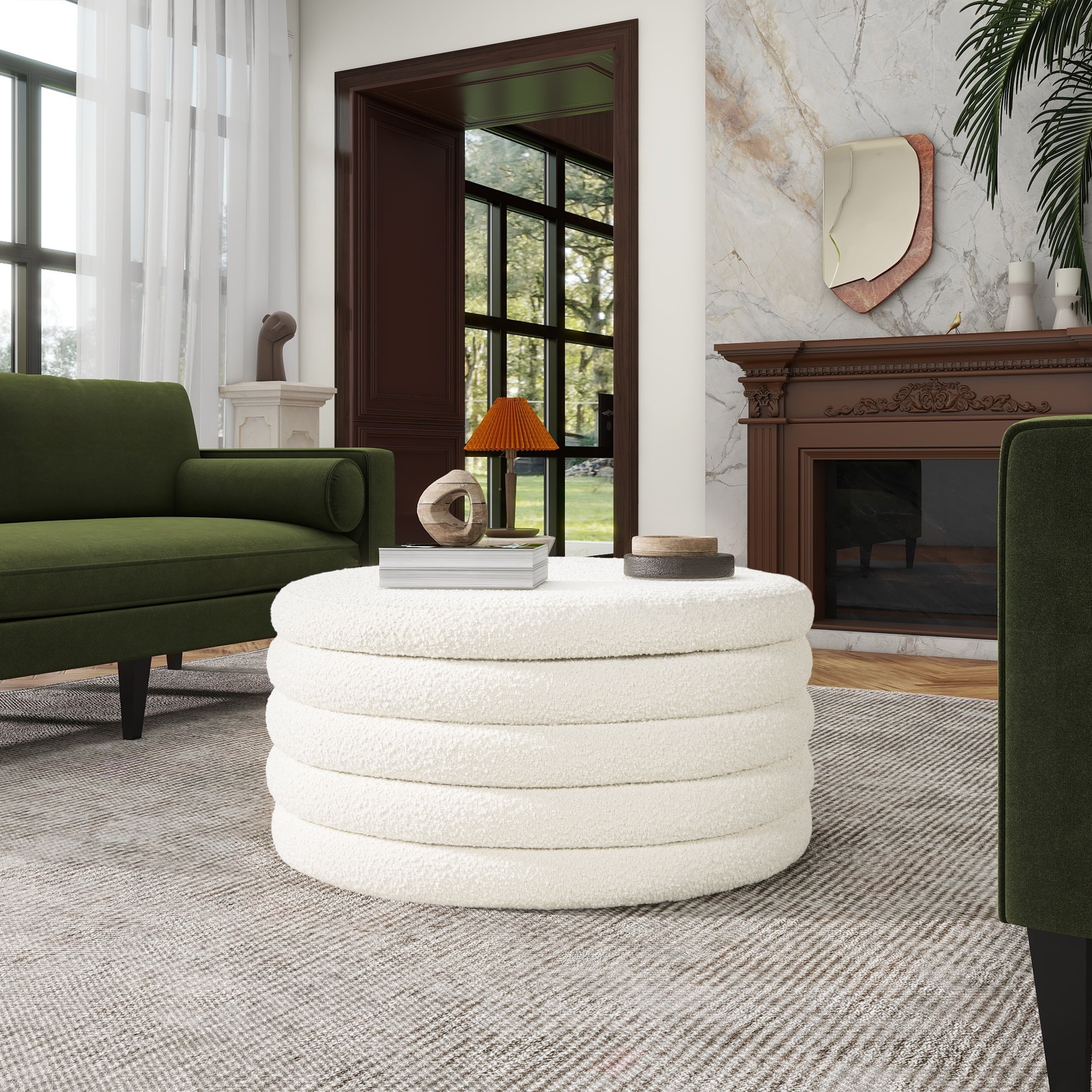 Fuji 36" Round Upholstered Storage Cocktail Ottoman Ivory White Boucle
