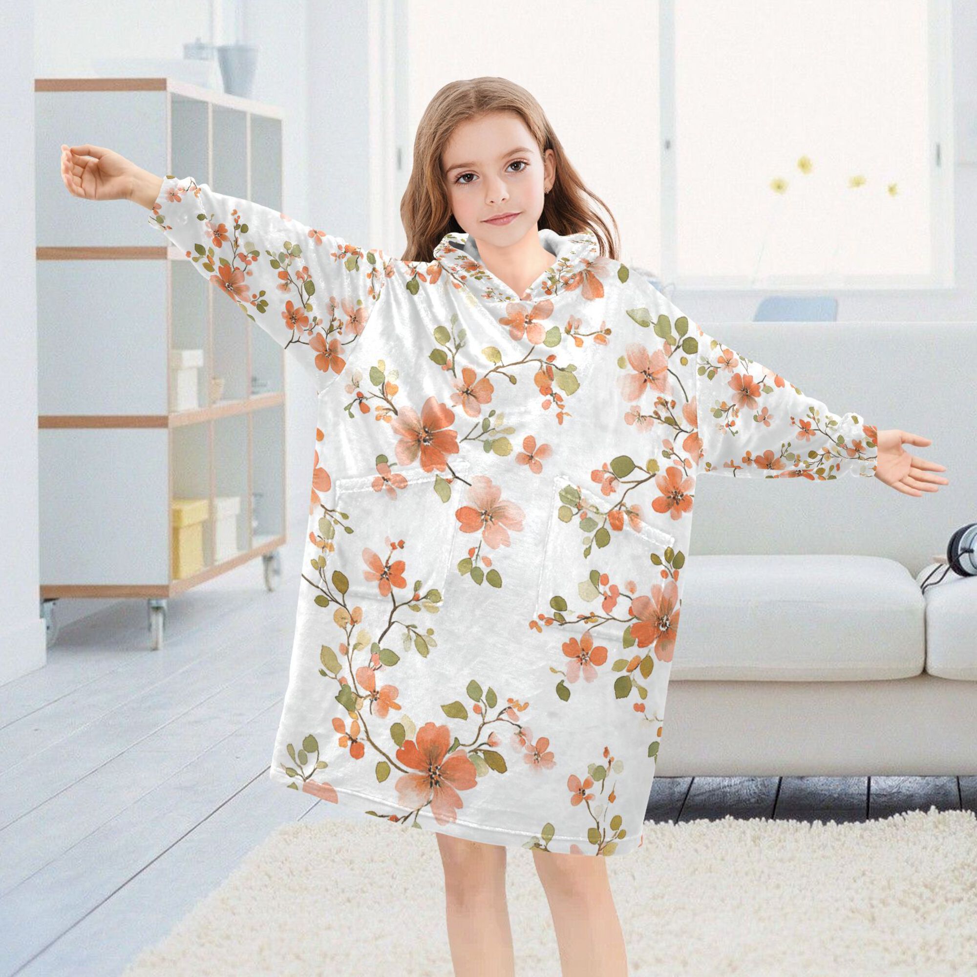 FORMRS Wearable Blanket Hoodie with Sleeves for Kids Cozy Flannel Sweatshirt, Orange Floral Blooms