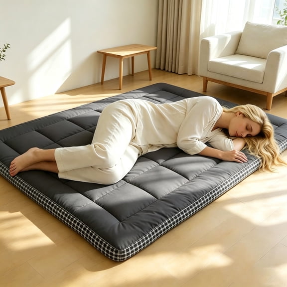 Japanese Floor Mattress Topper, Futon Mattress Topper, Tatami Mat, Sleeping Pad, Foldable Roll-Up Mat for Adults in Dormitories, Four Corner Tie Strap Design