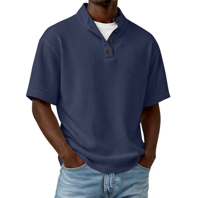 Blusas y camisas de manga corta y cuello redondo para hombre, de pana, color liso, informales, a la moda, con medio botón, cuello alto, manga corta, de poliéster.