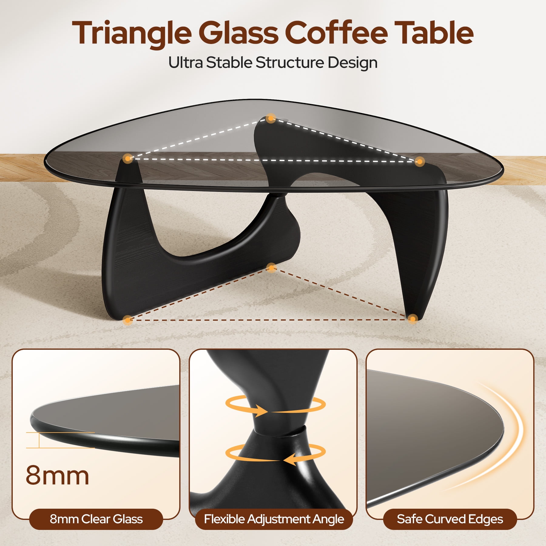 43" Mid Century Glass Coffee Table with Wood Base for Living Room Bedroom Office, Black + Grey Glass