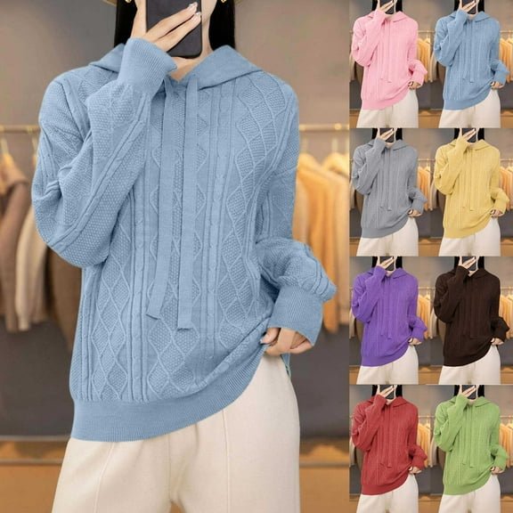 Fewfanhot Sweatshirt for Women Fashion Sweaters Loose Long Sleeve Pullover Knit Solid Color Drawstring Hooded