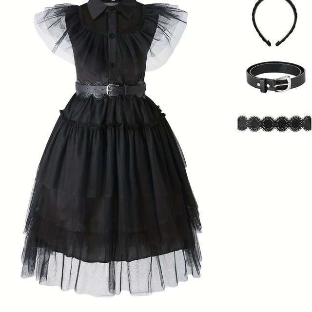 Disfraz Divertido De Princesa Negra Para Niñas, Vestido De Cosplay De Sirvienta Para Fiestas De Halloween Con Cinturón, Diadema Y Cinturón De Cintura