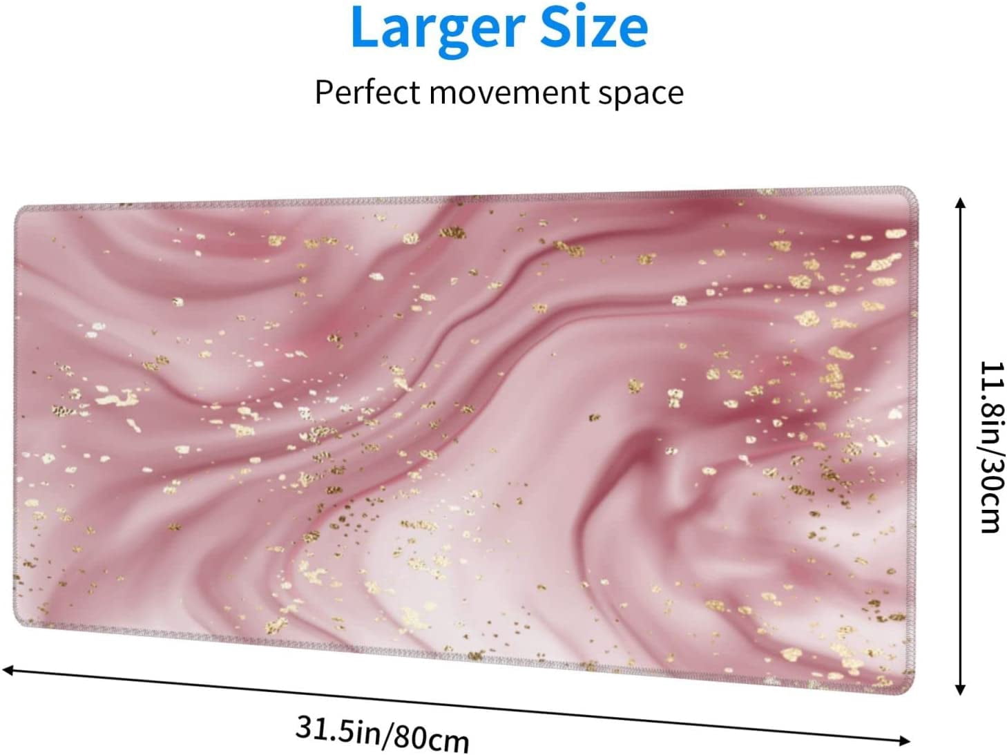 Pink Glitter Marble Gaming Mouse Pad XL, Extended Stitched Edges Mousepad, Large Mouse Mat Desk Pad, Long Non-Slip Rubber Base Mice Pad（31.5x12 Inch）