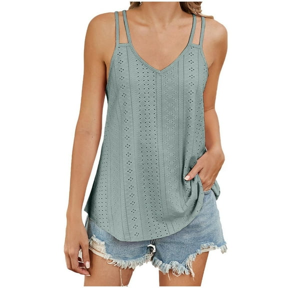 Mittory Women's Tank Tops Eyelet Embroidery Sleeveless Spaghetti Strap Tops Scoop Neck Sexy Loose Fit Casual Summer