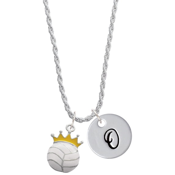 Delight Jewelry Silvertone Volleyball - Crown Silvertone Script Initial Disc - O - Charm Necklace, 20"+3"
