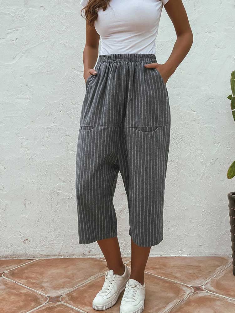 Womens Trousers Casual Striped Elastic 